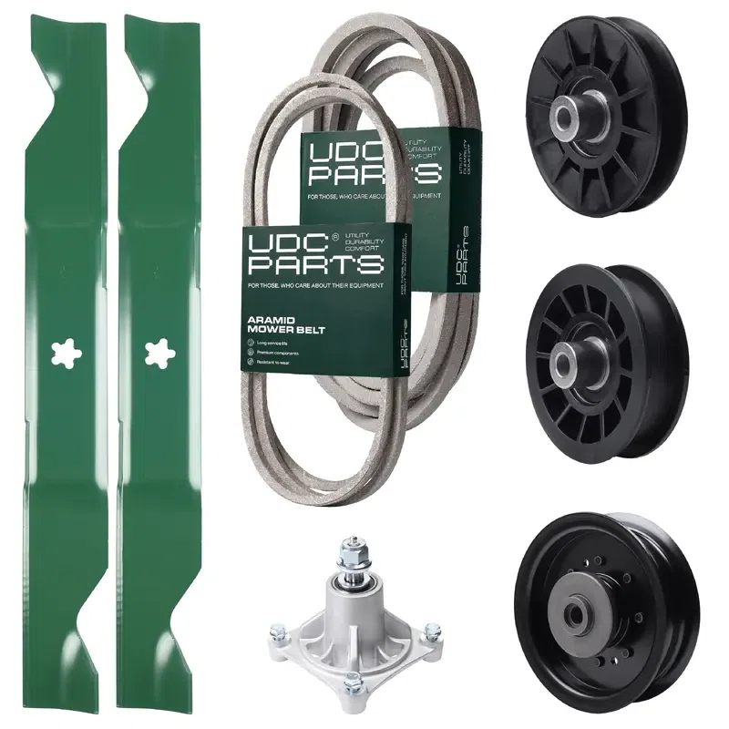 UDC Parts Mower Kit / Belt 138255 + Belt 539117245 + Pulley 532194326 + Pulley 532194327 + Pulley 532196104 + Spindle 532174356 + 2 Pack Blades 405380 / Fits Husqvarna LT1597