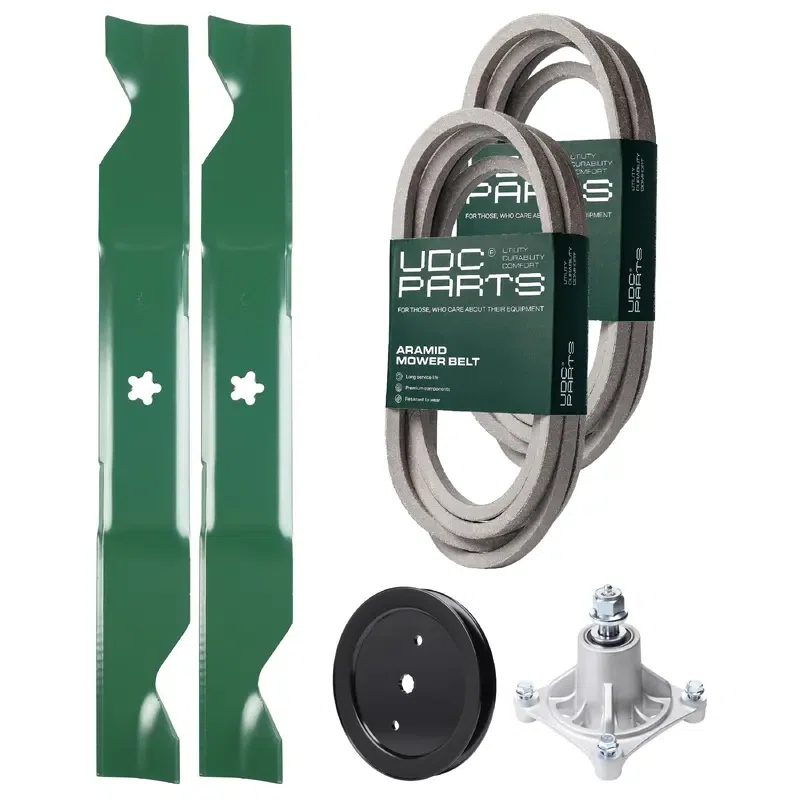 UDC Parts Mower Kit / Belt 539114557 + Belt 539117245 + Pulley 195945 + Spindle 532174356 + 2 Pack Blades 405380 / Fits Husqvarna RZ4219