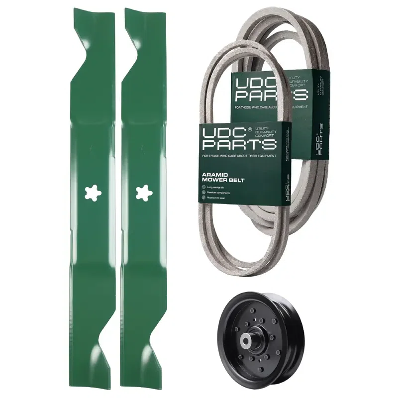 UDC Parts Mower Kit / Belt 130969 + Belt 197242 + Pulley 532196106 + 2 Pack Blades 405380 / Fits Jonsered LT2223A2 LT2320A2