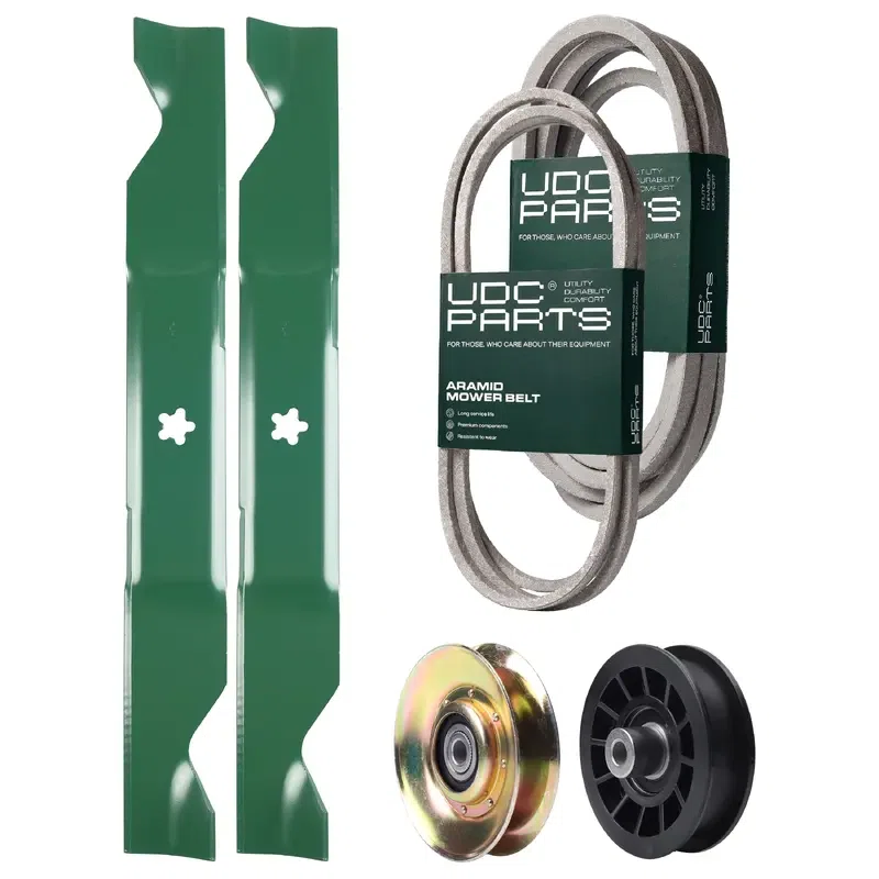 UDC Parts Mower Kit / Belt 194346 + Belt 539117245 + Pulley 127783 + Pulley 532194327 + 2 Pack Blades 405380 / Fits Husqvarna LT1597