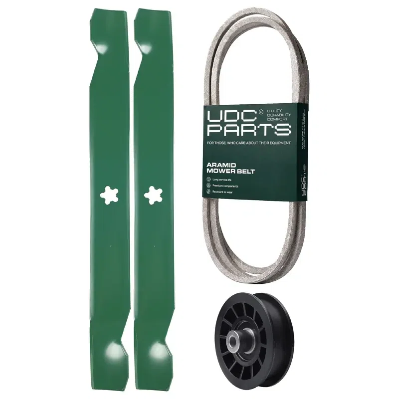 UDC Parts Mower Kit / Belt 194346 + Pulley 532194327 + 2 Pack Blades 138971 / Fits Poulan Pro PB145G42 PB15542LT PB175G42 PB2042YT PP155G42 PP175G42