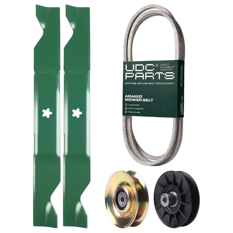 UDC Parts Mower Kit / Belt 138255 + Pulley 127783 + Pulley 532194326 + 2 Pack Blades 405380 / Fits Husqvarna LT1597