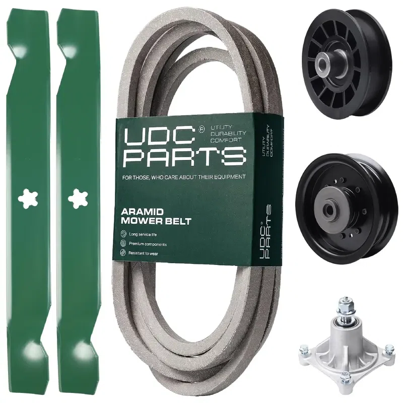 UDC Parts Mower Kit / Belt 539117245 + Pulley 532194327 + Pulley 532196104 + Spindle 532174356 + 2 Pack Blades 138497 / Fits Husqvarna LT1597