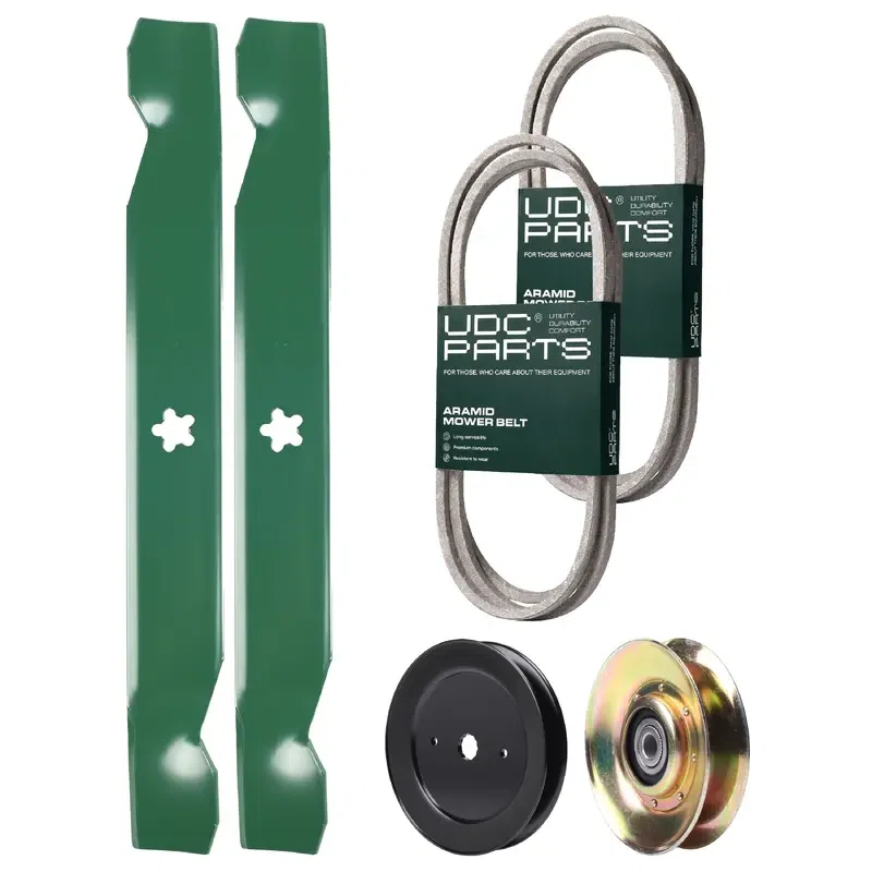 UDC Parts Mower Kit / Belt 138255 + Belt 197253 + Pulley 127783 + Pulley 129861 + 2 Pack Blades 138497 / Fits Husqvarna LT152