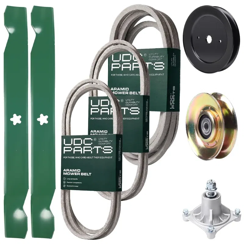 UDC Parts Mower Kit / Belt 140294 + Belt 174883 + Belt 539109243 + Pulley 127783 + Pulley 129861 + Spindle 532174356 + 2 Pack Blades 138971 / Fits Husqvarna LTH1542