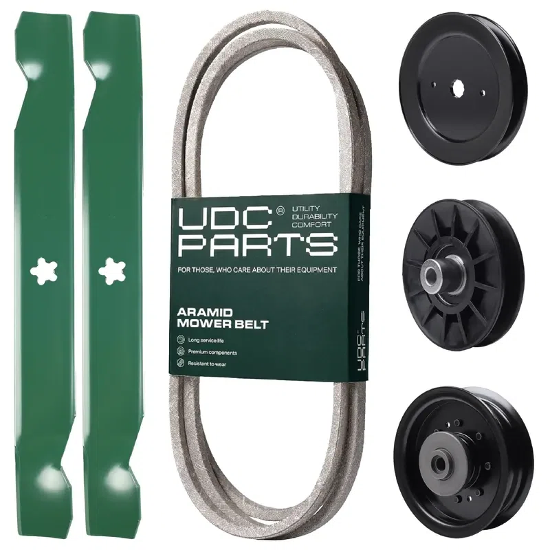 UDC Parts Mower Kit / Belt 130969 + Pulley 532129861 + Pulley 532194326 + Pulley 532196104 + 2 Pack Blades 138497 / Fits Husqvarna YTH22V42LS