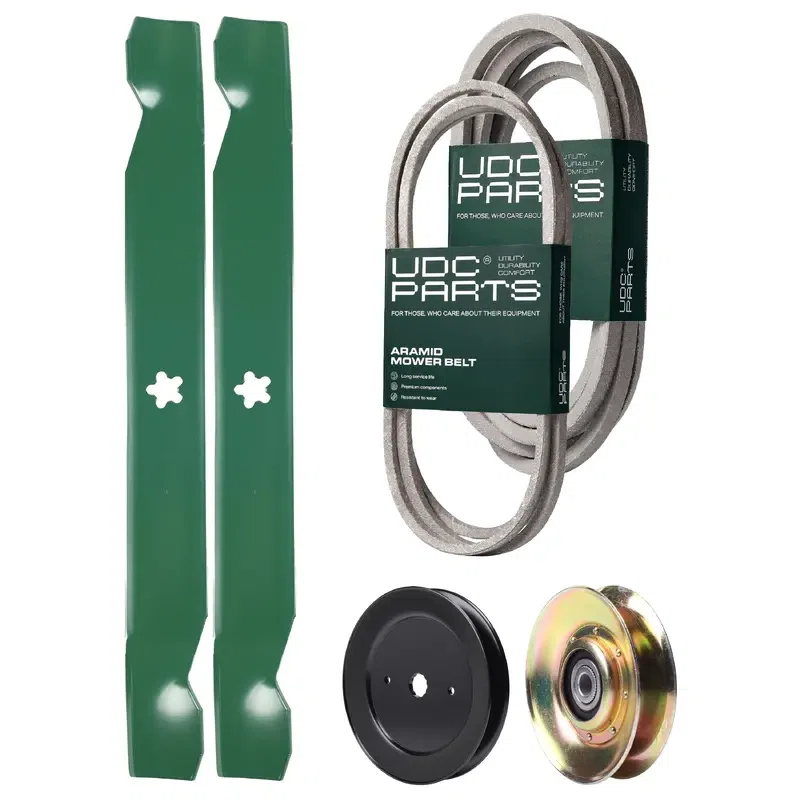 UDC Parts Mower Kit / Belt 144959 + Belt 539109243 + Pulley 127783 + Pulley 129861 + 2 Pack Blades 138971 / Fits Husqvarna LTH1542