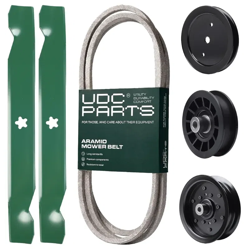 UDC Parts Mower Kit / Belt 197253 + Pulley 195945 + Pulley 532196106 + Pulley 532194327 + 2 Pack Blades 138497 / Fits Jonsered LT2216 LT2216A2 LT2217A