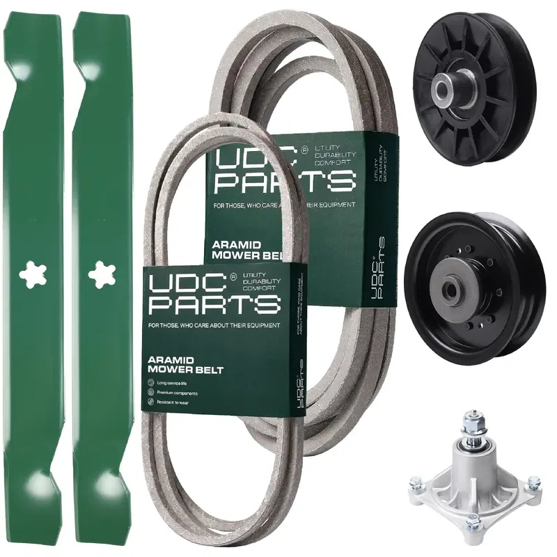 UDC Parts Mower Kit / Belt 194346 + Belt 539117245 + Pulley 532194326 + Pulley 532196104 + Spindle 532174356 + 2 Pack Blades 138497 / Fits Husqvarna LT1597