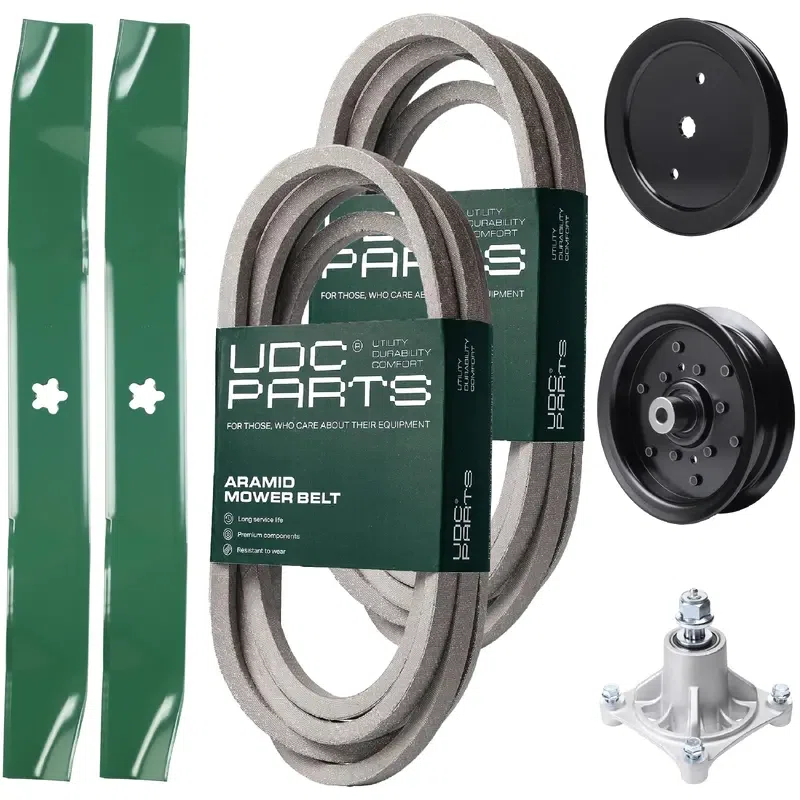 UDC Parts Mower Kit / Belt 539114557 + Belt 539117245 + Pulley 195945 + Pulley 532196106 + Spindle 532174356 + 2 Pack Blades 134149 / Fits Husqvarna RZ4219