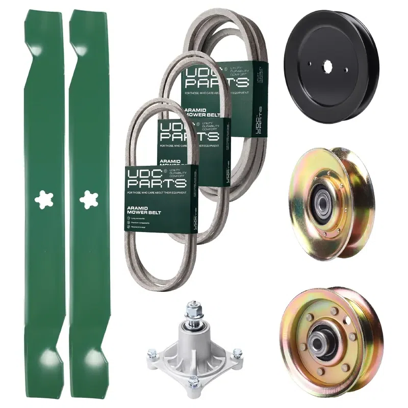 UDC Parts Mower Kit / Belt 140294 + Belt 144959 + Belt 539109243 + Pulley 127783 + Pulley 129861 + Pulley 173437 + Spindle 532174356 + 2 Pack Blades 138971 / Fits Husqvarna LTH1542