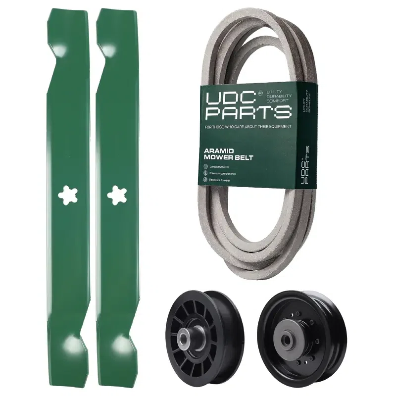 UDC Parts Mower Kit / Belt 539117245 + Pulley 532194327 + Pulley 532196104 + 2 Pack Blades 138497 / Fits Husqvarna LT1597