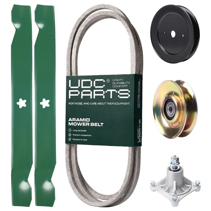 UDC Parts Mower Kit / Belt 180808 + Pulley 127783 + Pulley 129861 + Spindle 532174356 + 2 Pack Blades 138971 / Fits Jonsered LT2122A2