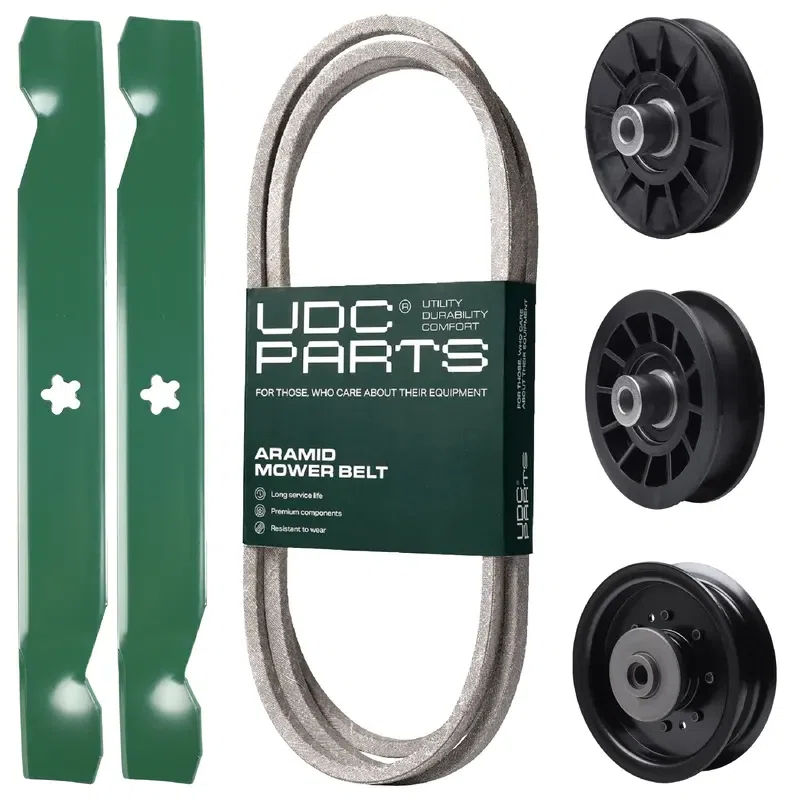 UDC Parts Mower Kit / Belt 194346 + Pulley 532194326 + Pulley 532194327 + Pulley 532196104 + 2 Pack Blades 138497 / Fits Husqvarna LT1597