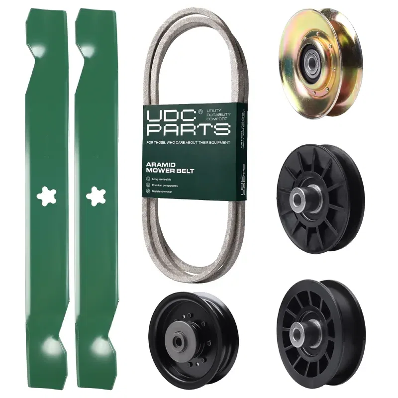 UDC Parts Mower Kit / Belt 138255 + Pulley 127783 + Pulley 532194326 + Pulley 532194327 + Pulley 532196104 + 2 Pack Blades 138497 / Fits Husqvarna LT1597
