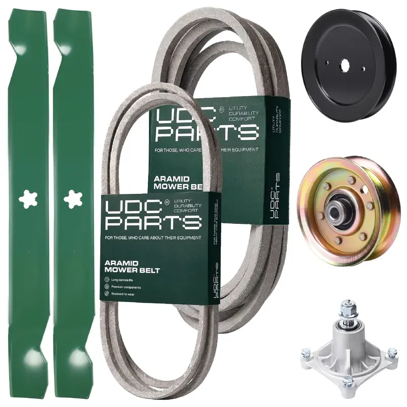 UDC Parts Mower Kit / Belt 174883 + Belt 539109243 + Pulley 129861 + Pulley 173437 + Spindle 532174356 + 2 Pack Blades 138971 / Fits Husqvarna LTH1542