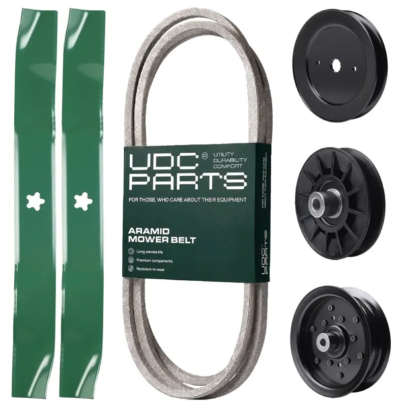 UDC Parts Mower Kit / Belt 130969 + Pulley 129861 + Pulley 532194326 + Pulley 532196106 + 2 Pack Blades 134149 / Fits Husqvarna 2042LS LOYTH20F42T LTH174 LTH2142 LTH2142D LTH2142DR TS242 TS243 TS243T