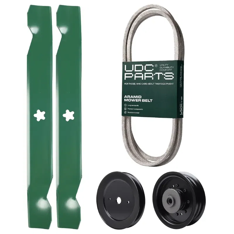 UDC Parts Mower Kit / Belt 130969 + Pulley 532129861 + Pulley 532196104 + 2 Pack Blades 138497 / Fits Husqvarna YTH22V42LS