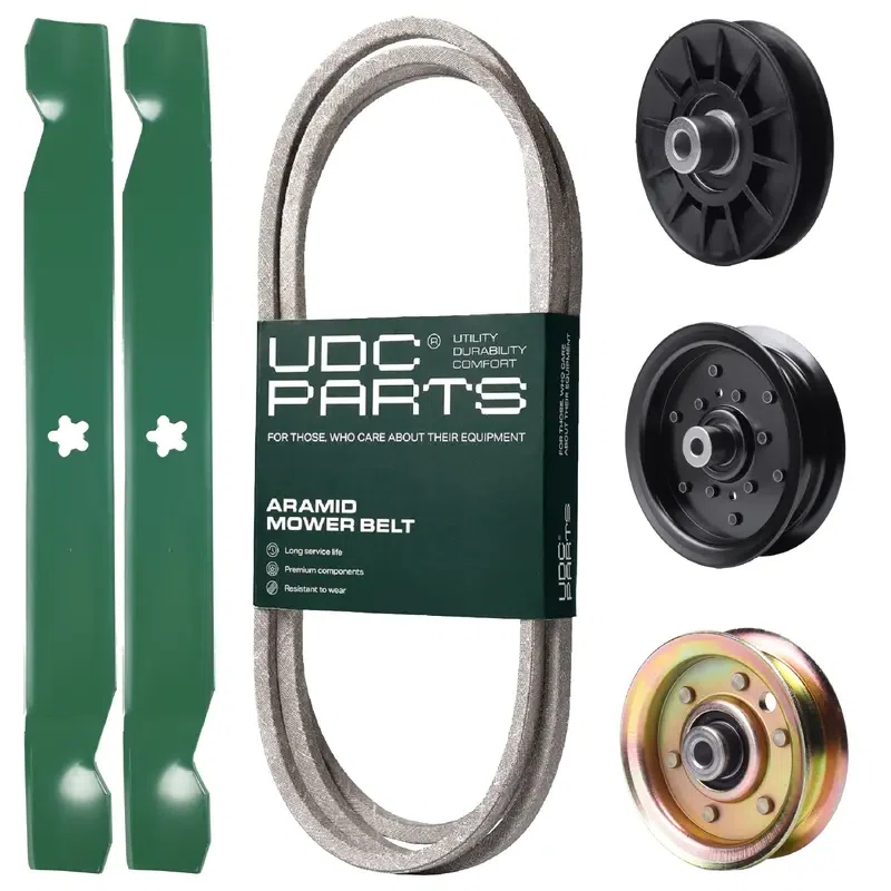 UDC Parts Mower Kit / Belt 144959 + Pulley 532194326 + Pulley 532196106 + Pulley 173437 + 2 Pack Blades 138971 / Fits Husqvarna YTH2042 XP
