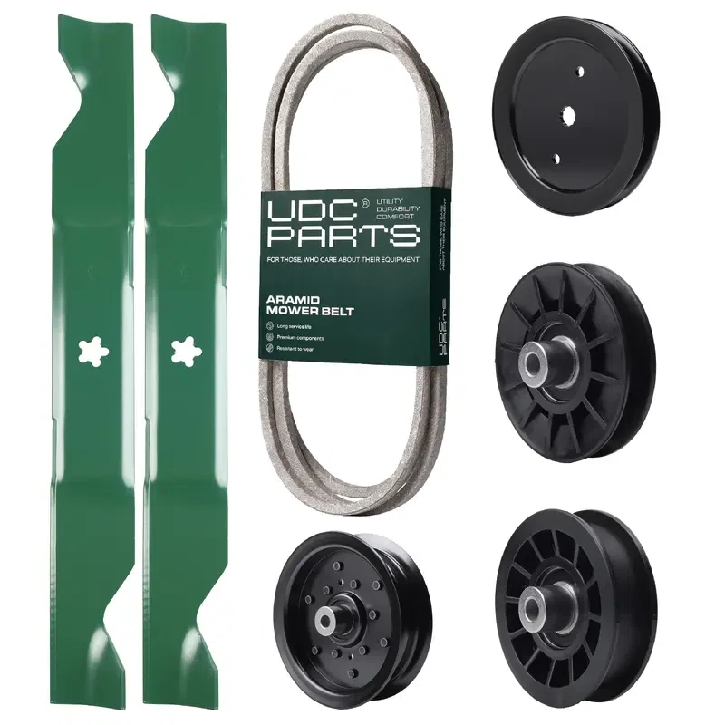 UDC Parts Mower Kit / Belt 130969 + Pulley 195945 + Pulley 532194326 + Pulley 532196106 + Pulley 532194327 + 2 Pack Blades 405380 / Fits Partner P185117H
