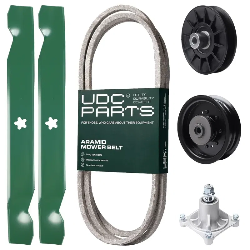 UDC Parts Mower Kit / Belt 138255 + Pulley 532194326 + Pulley 532196104 + Spindle 532174356 + 2 Pack Blades 138497 / Fits Husqvarna LT1597