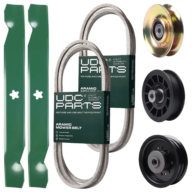 UDC Parts Mower Kit / Belt 138255 + Belt 194346 + Pulley 127783 + Pulley 532194327 + Pulley 532196104 + 2 Pack Blades 138497 / Fits Husqvarna LT1597