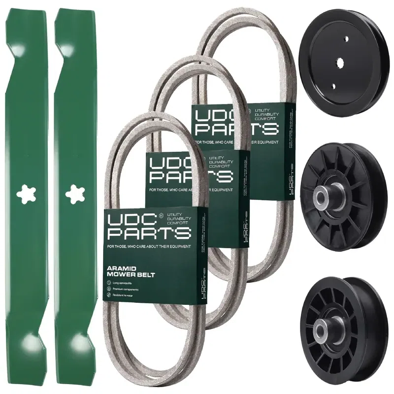 UDC Parts Mower Kit / Belt 130969 + Belt 140218 + Belt 197253 + Pulley 195945 + Pulley 532194326 + Pulley 532194327 + 2 Pack Blades 138497 / Fits Jonsered LT2216A2 LT2217A