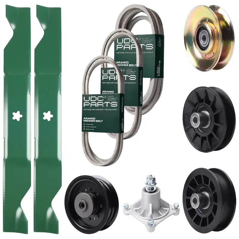 UDC Parts Mower Kit / Belt 138255 + Belt 194346 + Belt 539117245 + Pulley 127783 + Pulley 532194326 + Pulley 532194327 + Pulley 532196104 + Spindle 532174356 + 2 Pack Blades 405380 / Fits Husqvarna