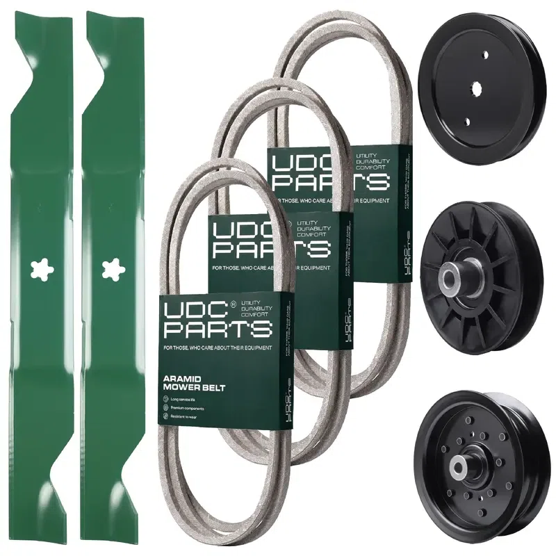 UDC Parts Mower Kit / Belt 130969 + Belt 140218 + Belt 405143 + Pulley 195945 + Pulley 532194326 + Pulley 532196106 + 2 Pack Blades 405380 / Fits Poulan Pro PB22H46YT