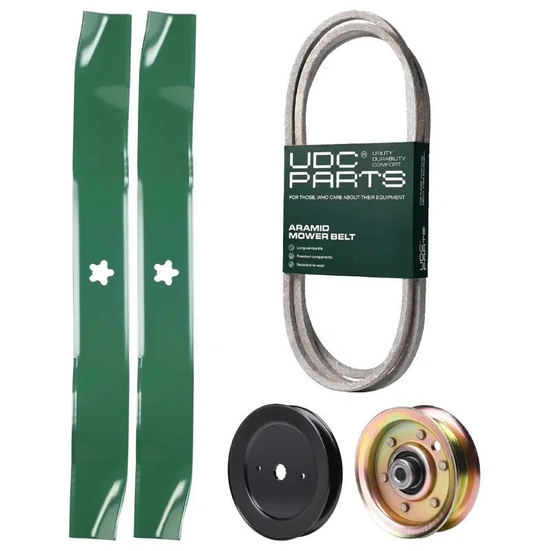 UDC Parts Mower Kit / Belt 140294 + Pulley 129861 + Pulley 173437 + 2 Pack Blades 134149 / Fits Jonsered LT15A LT16A LT17A LT18A LT2115 LT2115A LT2116A LT2117A LT2118A LT2118A2 LT2120A2 LT2122A2