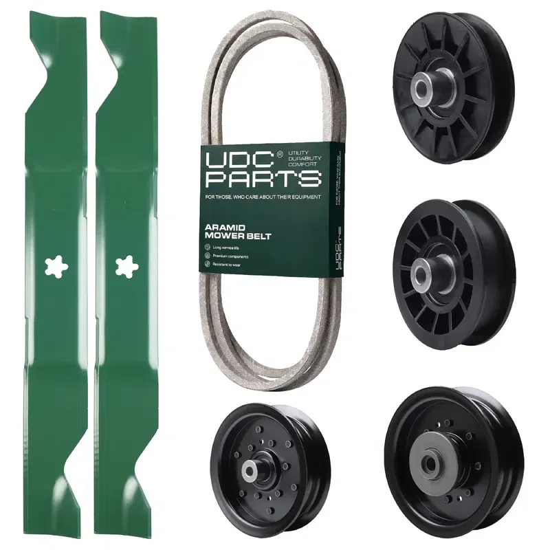 UDC Parts Mower Kit / Belt 130969 + Pulley 532194326 + Pulley 532196104 + Pulley 532196106 + Pulley 532194327 + 2 Pack Blades 405380 / Fits Husqvarna YTH220 Twin