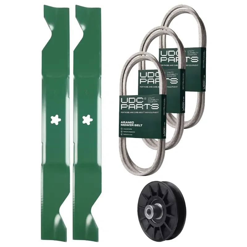 UDC Parts Mower Kit / Belt 130969 + Belt 140218 + Belt 197253 + Pulley 532194326 + 2 Pack Blades 405380 / Fits Jonsered LT2223A2
