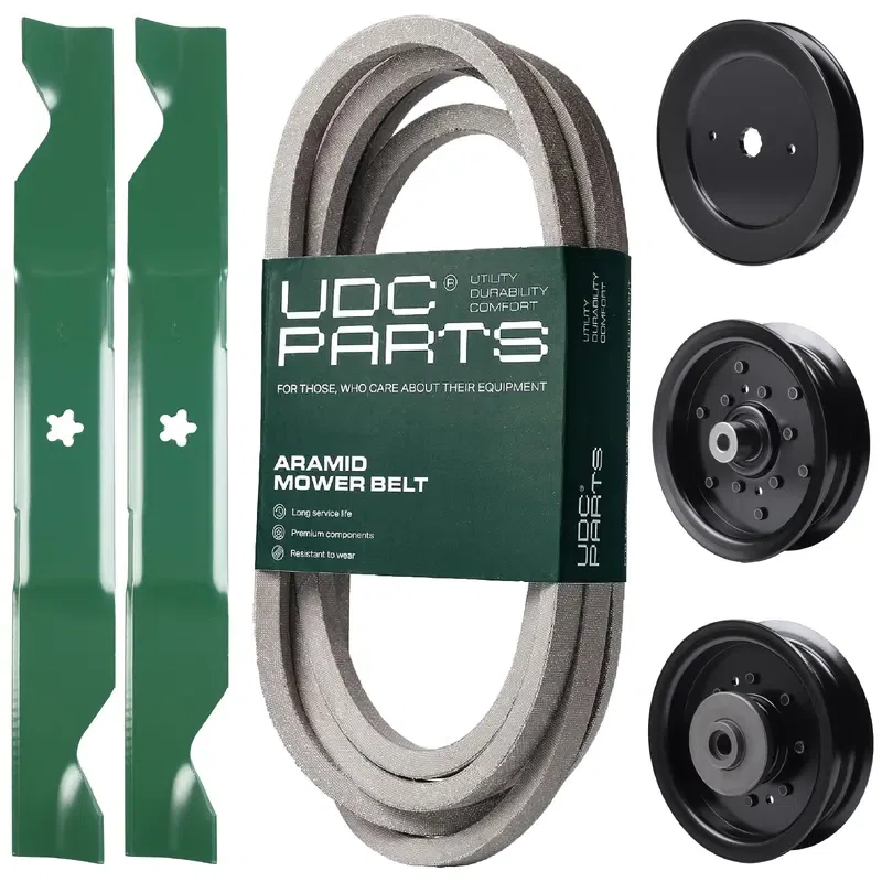 UDC Parts Mower Kit / Belt 539117245 + Pulley 129861 + Pulley 532196106 + Pulley 532196104 + 2 Pack Blades 405380 / Fits Husqvarna LSZ4622 LSZ5422 LSZ5424