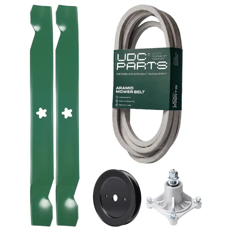 UDC Parts Mower Kit / Belt 539109243 + Pulley 129861 + Spindle 532174356 + 2 Pack Blades 138971 / Fits Husqvarna LTH1542 Z4218 Z4219 Z4824 Z5426