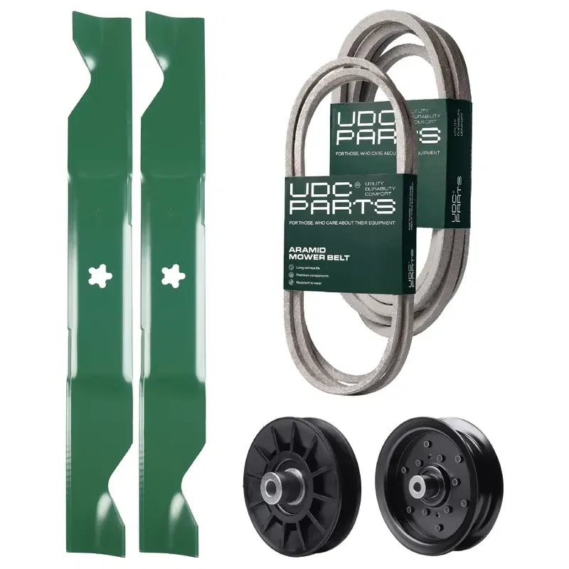 UDC Parts Mower Kit / Belt 130969 + Belt 197242 + Pulley 532194326 + Pulley 532196106 + 2 Pack Blades 405380 / Fits Husqvarna YTH220 Twin