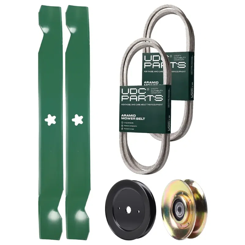 UDC Parts Mower Kit / Belt 140218 + Belt 144959 + Pulley 127783 + Pulley 129861 + 2 Pack Blades 138971 / Fits Husqvarna LTH152 LTH1842 YTH150 YTH1542 XP YTH1746 YTH180 YTH20B42T