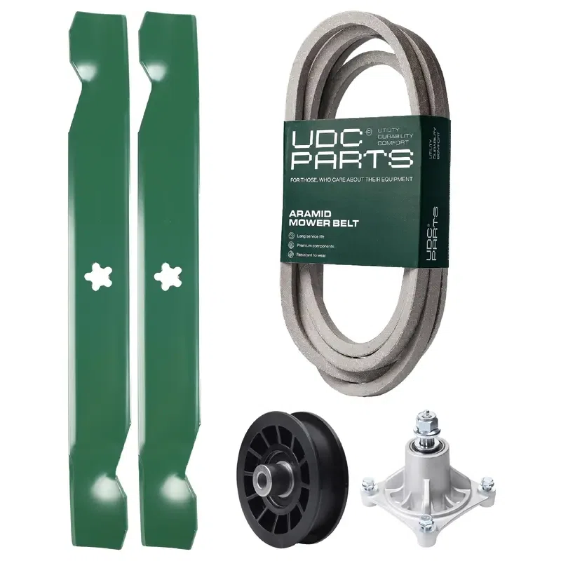 UDC Parts Mower Kit / Belt 539117245 + Pulley 532194327 + Spindle 532174356 + 2 Pack Blades 138497 / Fits Husqvarna LT1597