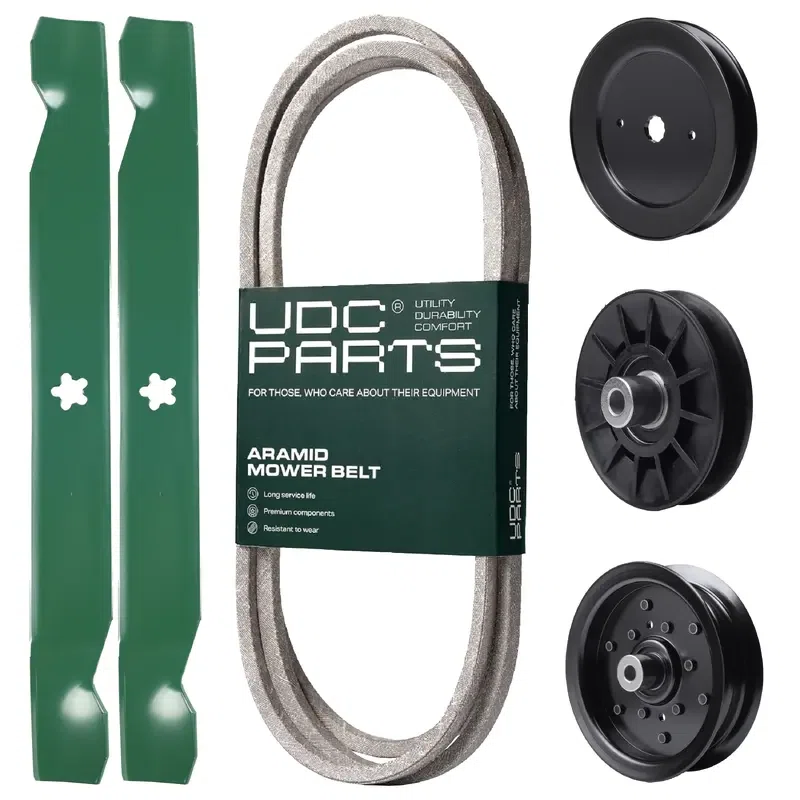 UDC Parts Mower Kit / Belt 130969 + Pulley 129861 + Pulley 532194326 + Pulley 532196106 + 2 Pack Blades 138971 / Fits Husqvarna 2042LS LOYTH20F42T LTH174 LTH2142 LTH2142D LTH2142DR TS242 TS243 TS243T