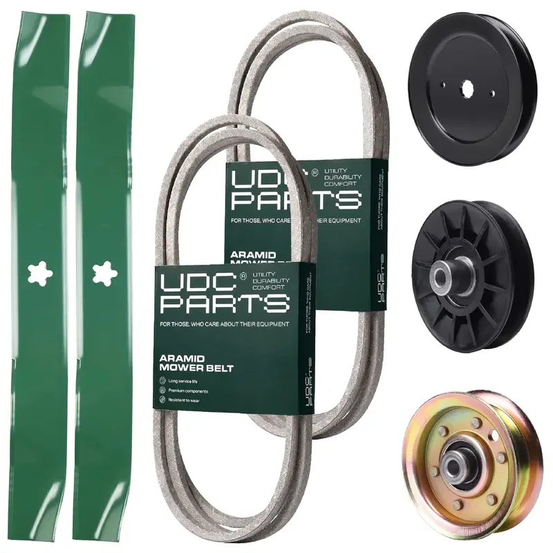 UDC Parts Mower Kit / Belt 140218 + Belt 144959 + Pulley 129861 + Pulley 532194326 + Pulley 173437 + 2 Pack Blades 134149 / Fits Husqvarna YTH2042 XP
