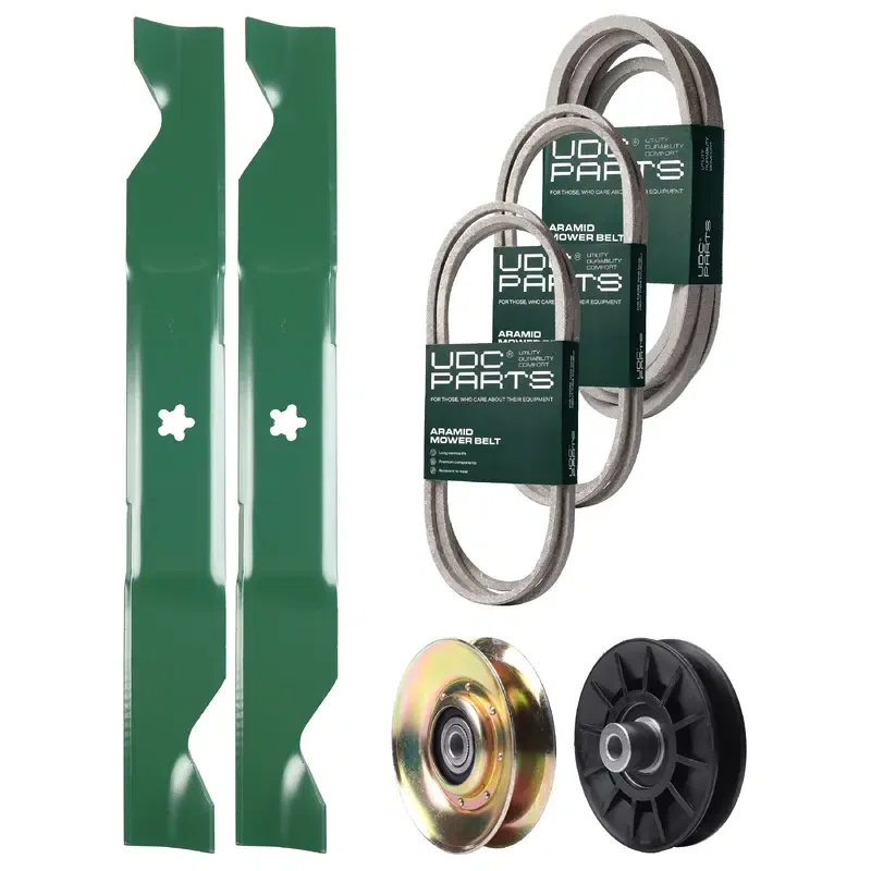 UDC Parts Mower Kit / Belt 138255 + Belt 194346 + Belt 539117245 + Pulley 127783 + Pulley 532194326 + 2 Pack Blades 405380 / Fits Husqvarna LT1597