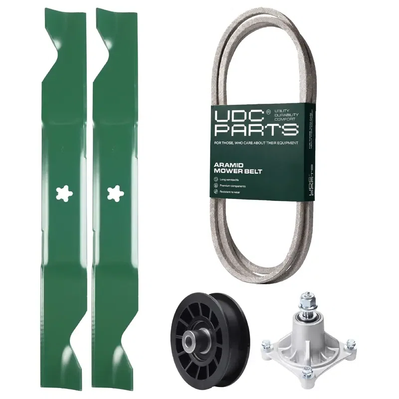UDC Parts Mower Kit / Belt 138255 + Pulley 532194327 + Spindle 532174356 + 2 Pack Blades 405380 / Fits Husqvarna LT1597