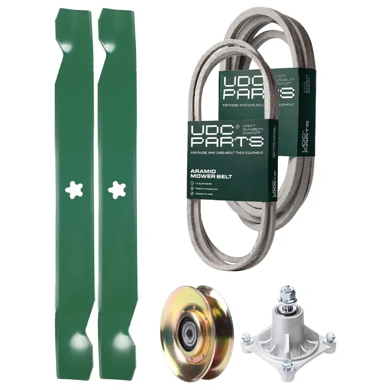 UDC Parts Mower Kit / Belt 140294 + Belt 539109243 + Pulley 127783 + Spindle 532174356 + 2 Pack Blades 138971 / Fits Husqvarna LTH1542